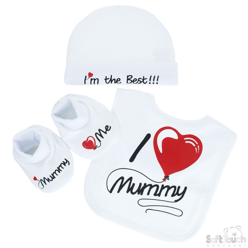 White 'Mum/Dad' Bib, Hat & Bootee Set No. HBB258