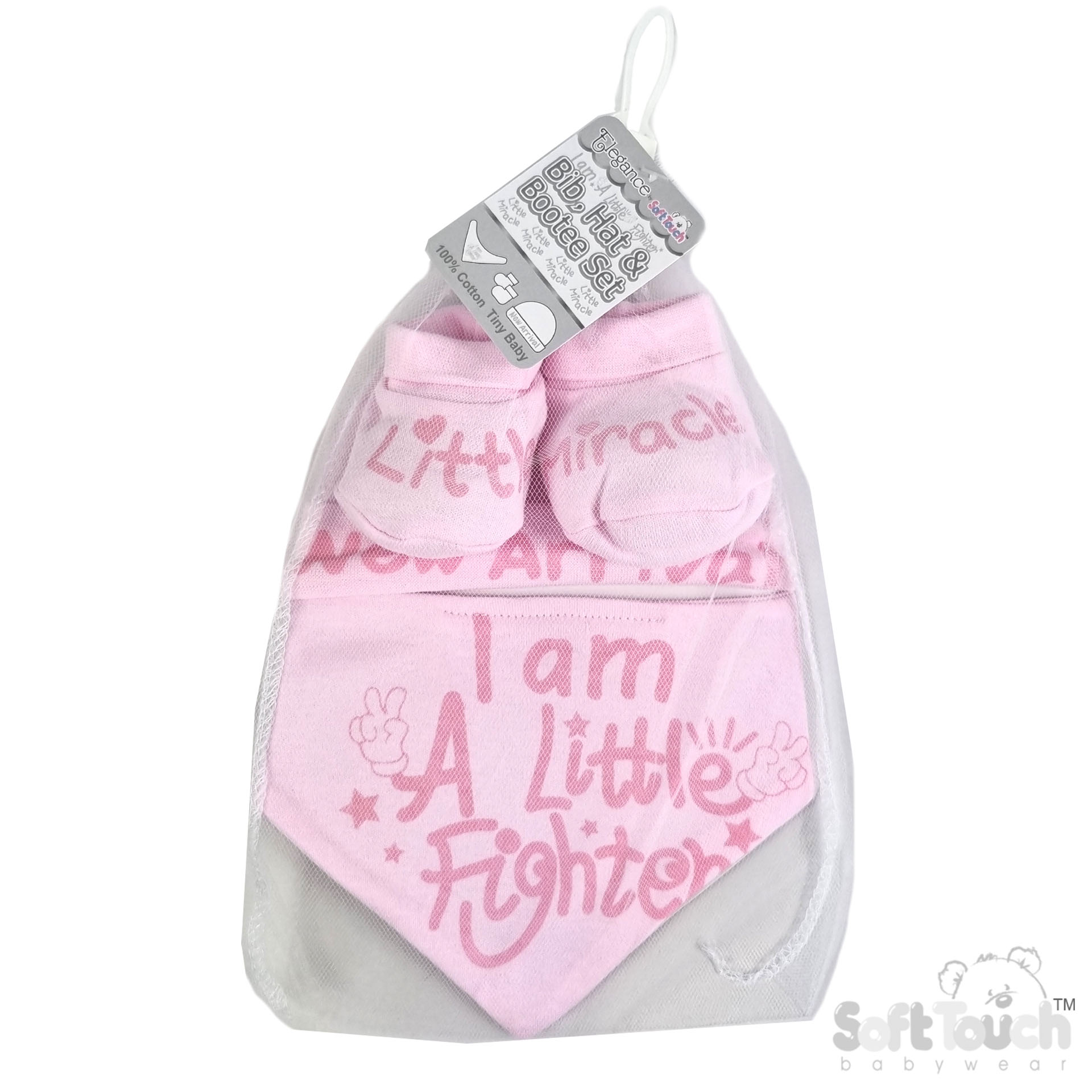Pink Bib, Hat & Bootee Set : HBB262-P