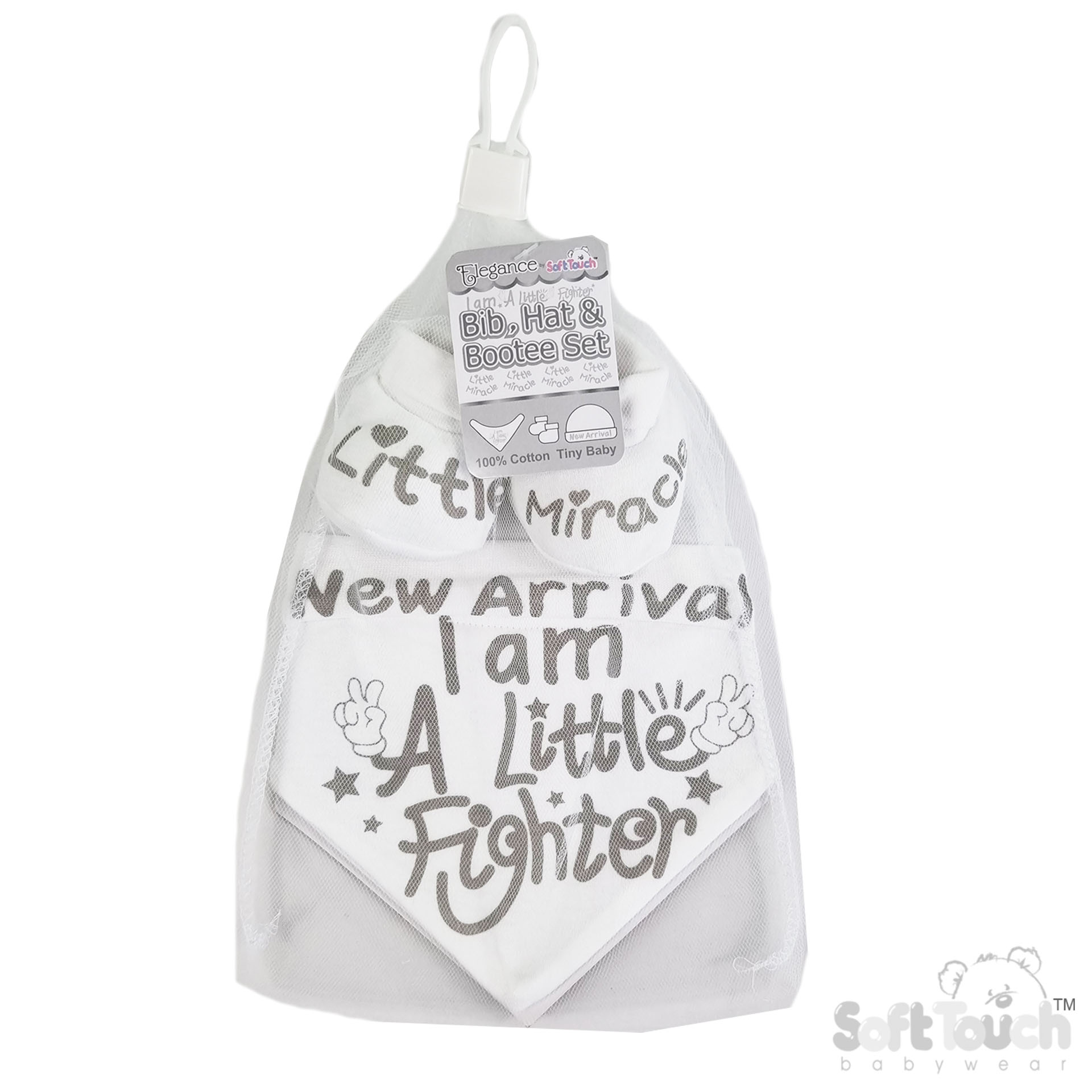 White Bib, Hat & Bootee Set : HBB262-W
