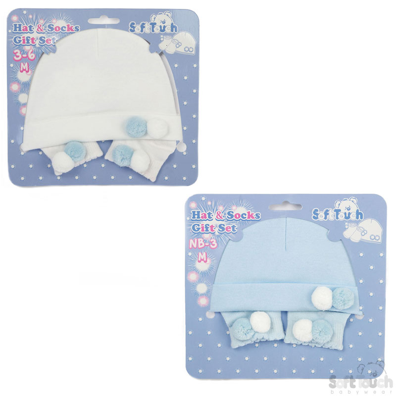 B/W Hat & Socks Set W/2 Pom Poms No. HS106-B