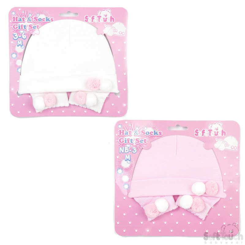 P/W Hat & Socks Set W/2 Pom Poms No. HS106-P