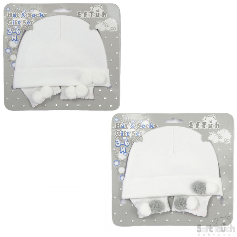 White Hat & Socks Set W/2 Pom Poms No. HS106-W