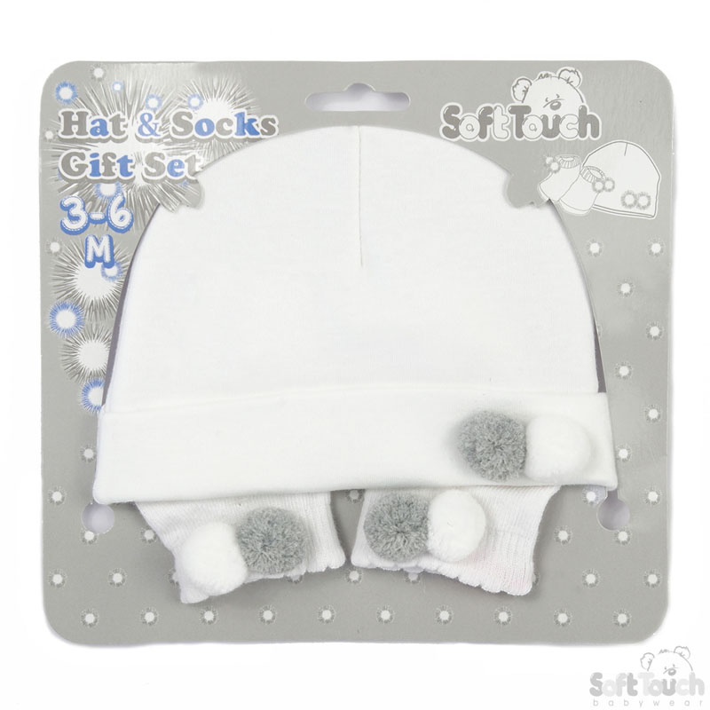 White Hat & Socks Set W/2 Pom Poms No. HS106-W