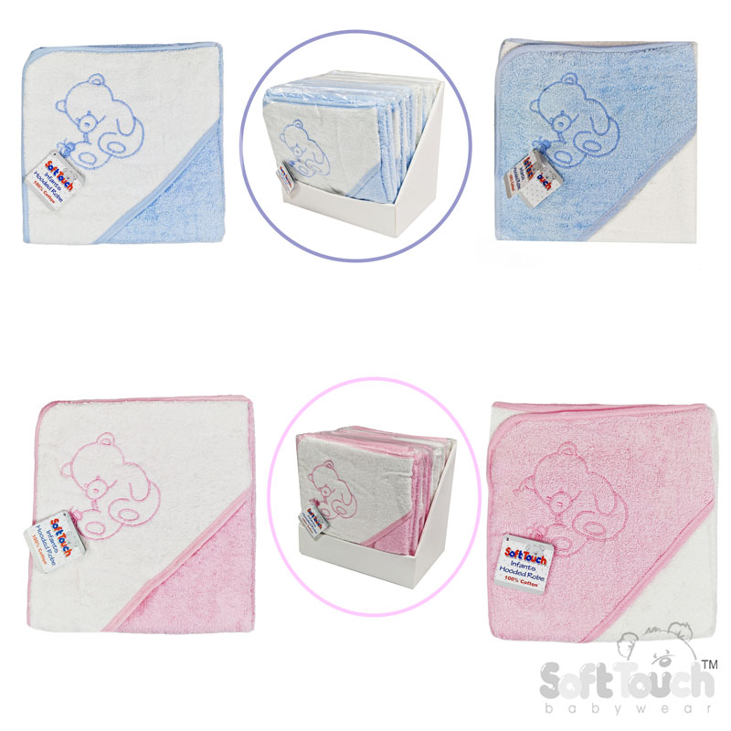 White with Pink/Blue Hooded Robe : Bear Embroidery No. HT25-PB