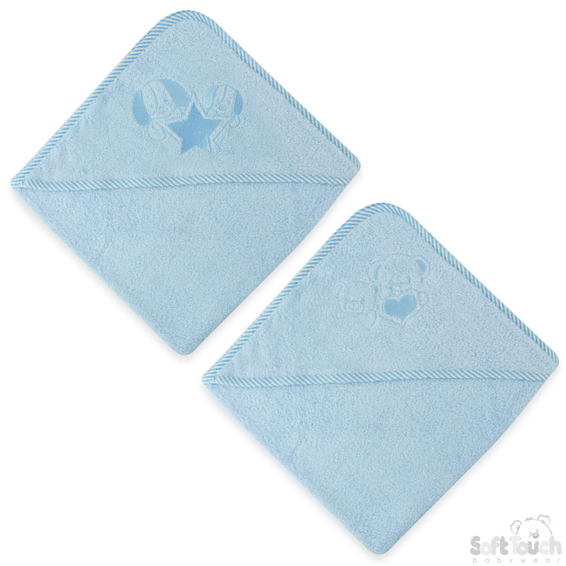 Blue Hooded Robe w/Striped Binding & Puppy/Bear Emb : HT60-B