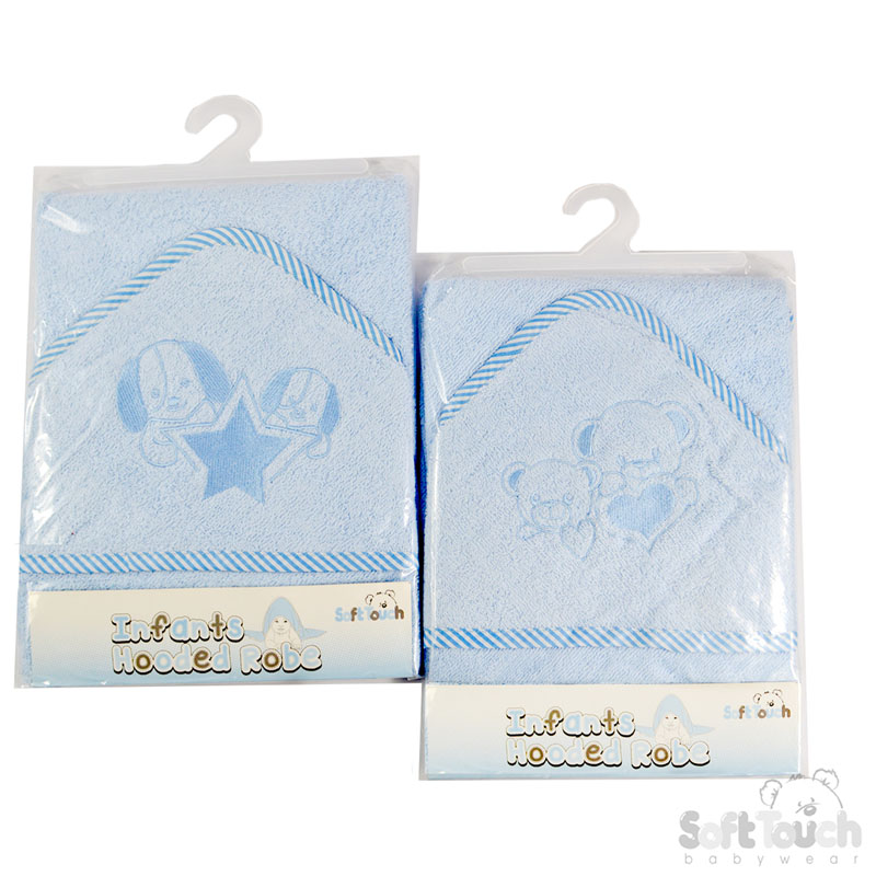 Blue Hooded Robe w/Striped Binding & Puppy/Bear Emb : HT60-B