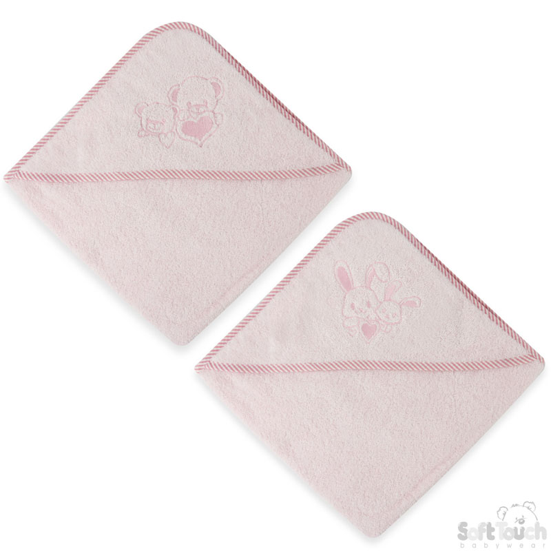Pink Hooded Robe w/Striped Binding & Bunny/Bear Embroidery : HT60-P