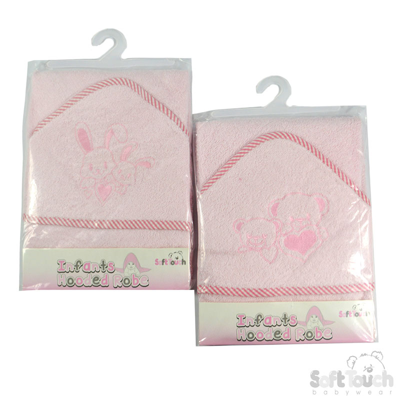 Pink Hooded Robe w/Striped Binding & Bunny/Bear Embroidery : HT60-P