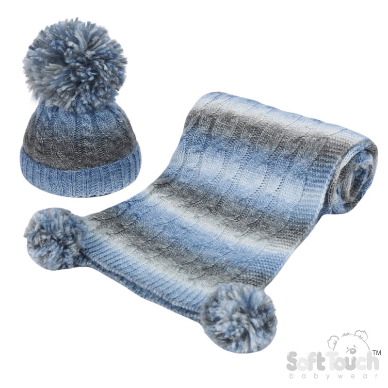 Blue/Grey Cable Hat and Wrap Set No. HW05-B