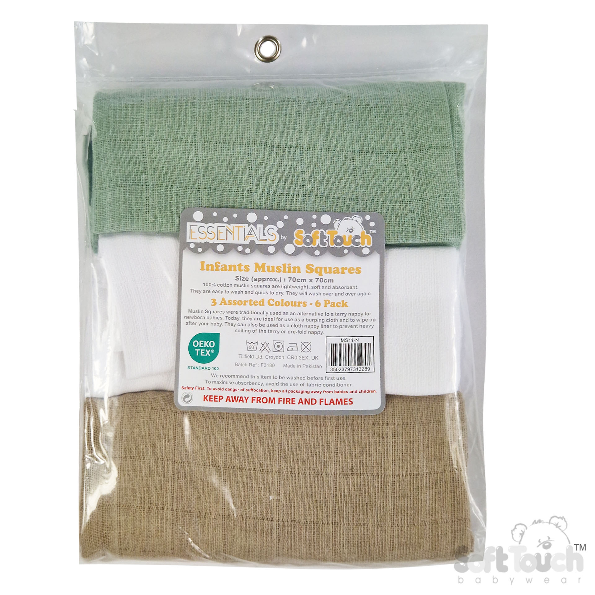 Multicolour 6-Pack Plain Muslin Squares :  MS11-N