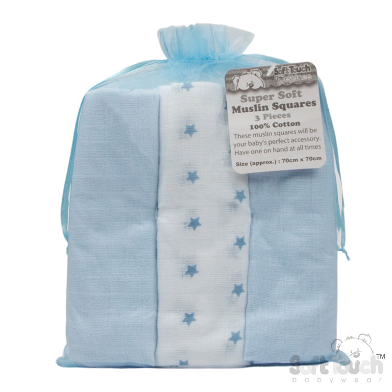 3 Pack Blue Deluxe Super Soft Muslin Squares No. MS13-B