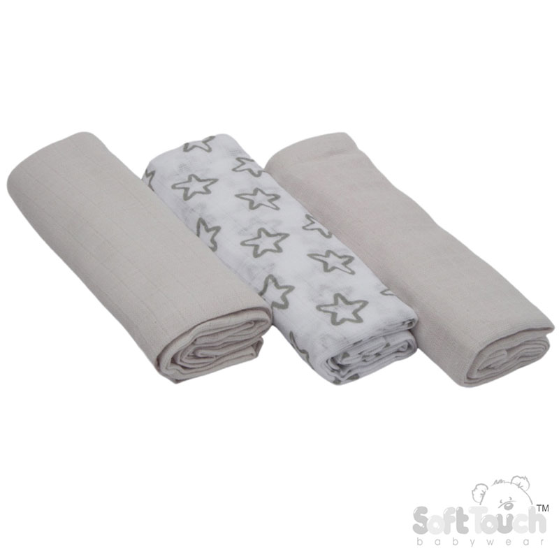 3 Pack Grey Deluxe Super Soft Muslin Squares No. MS13-G