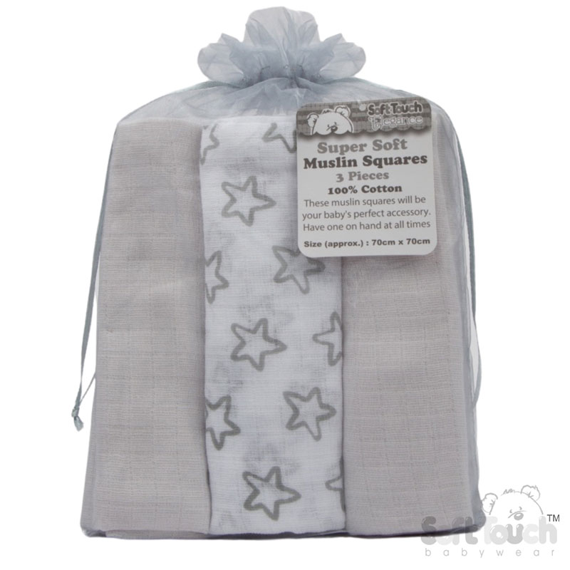 3 Pack Grey Deluxe Super Soft Muslin Squares No. MS13-G