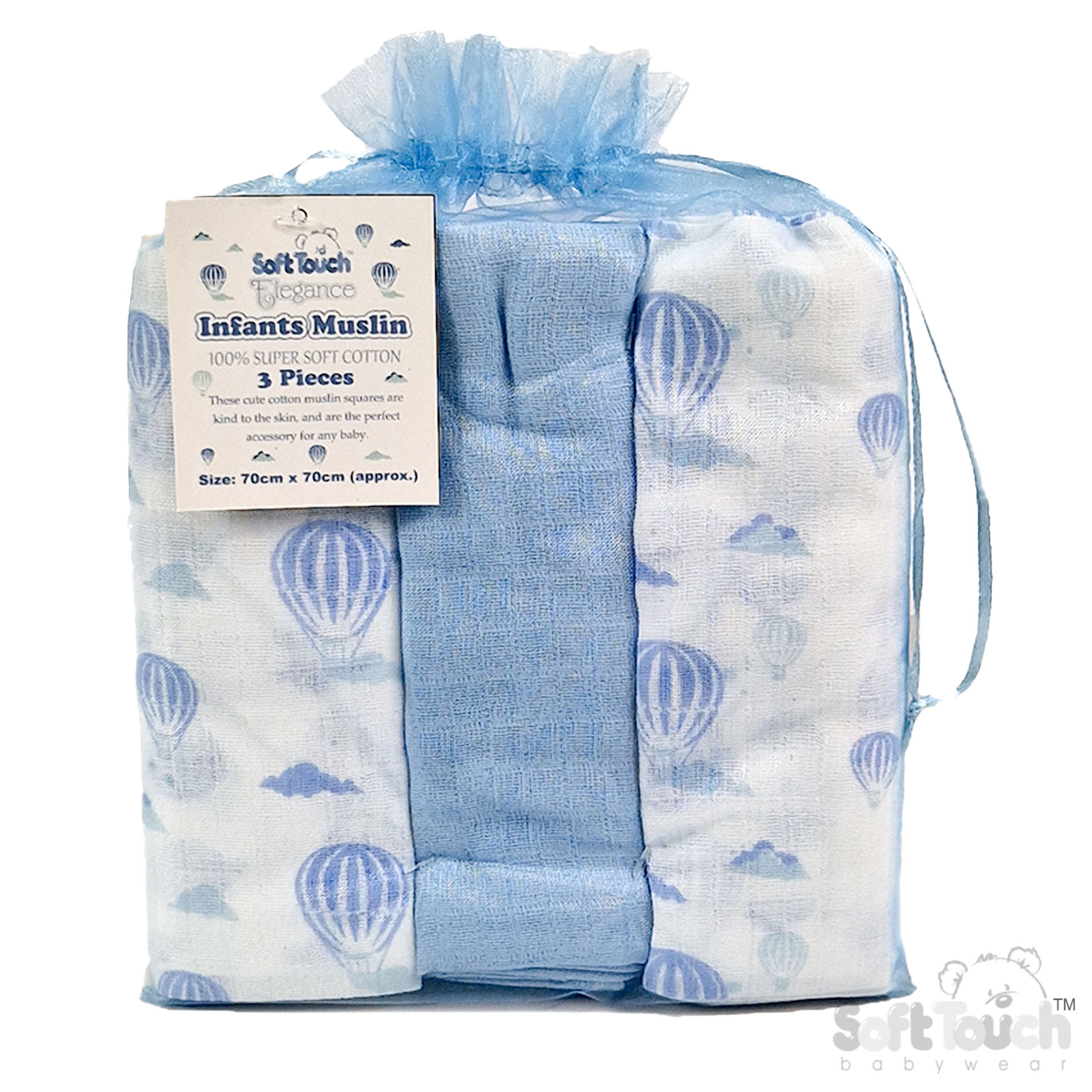 3 Pack Blue Deluxe Super Soft Muslin Squares No. MS15-B