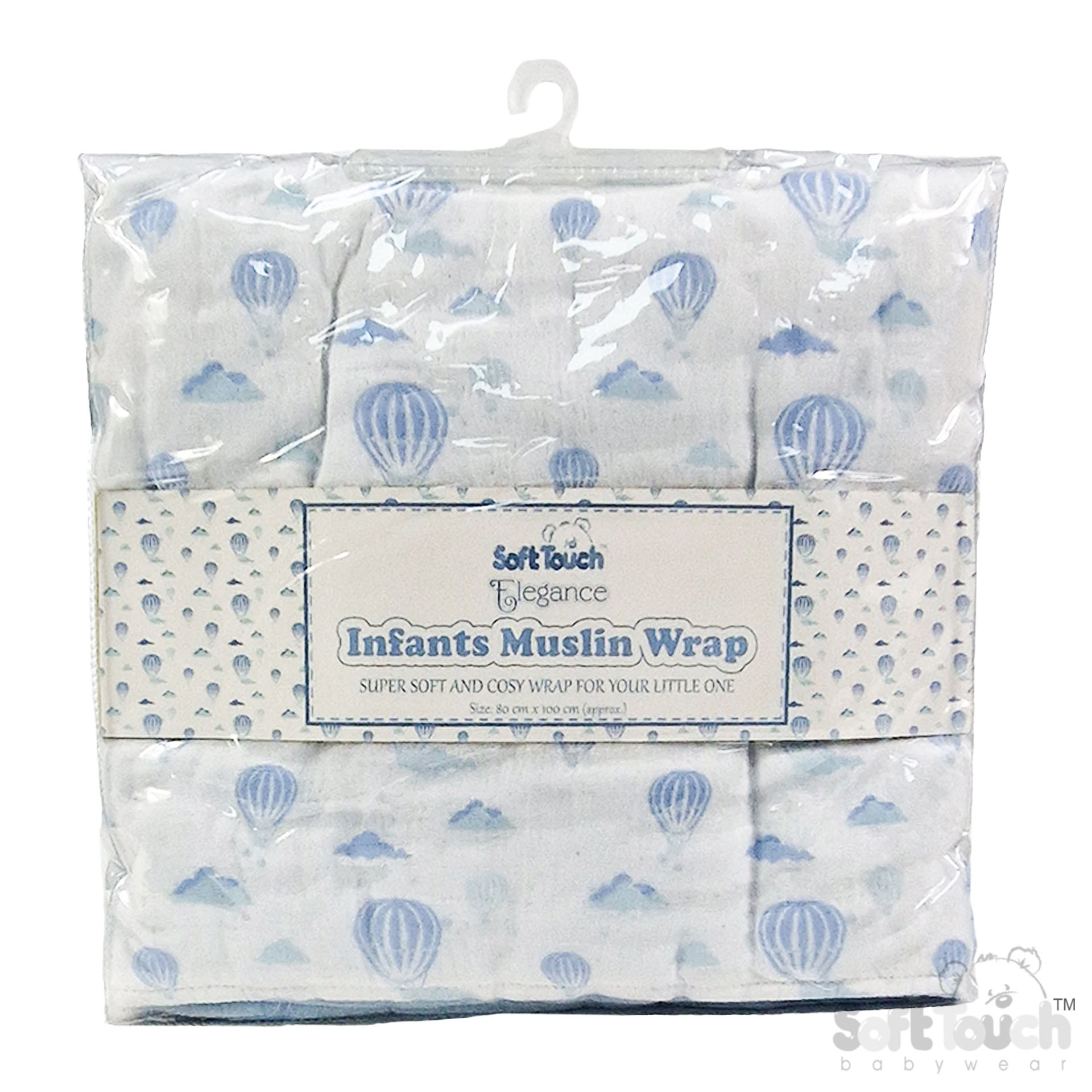 White/Blue Balloon Printed Muslin Wrap with Tassels No. MS500-B