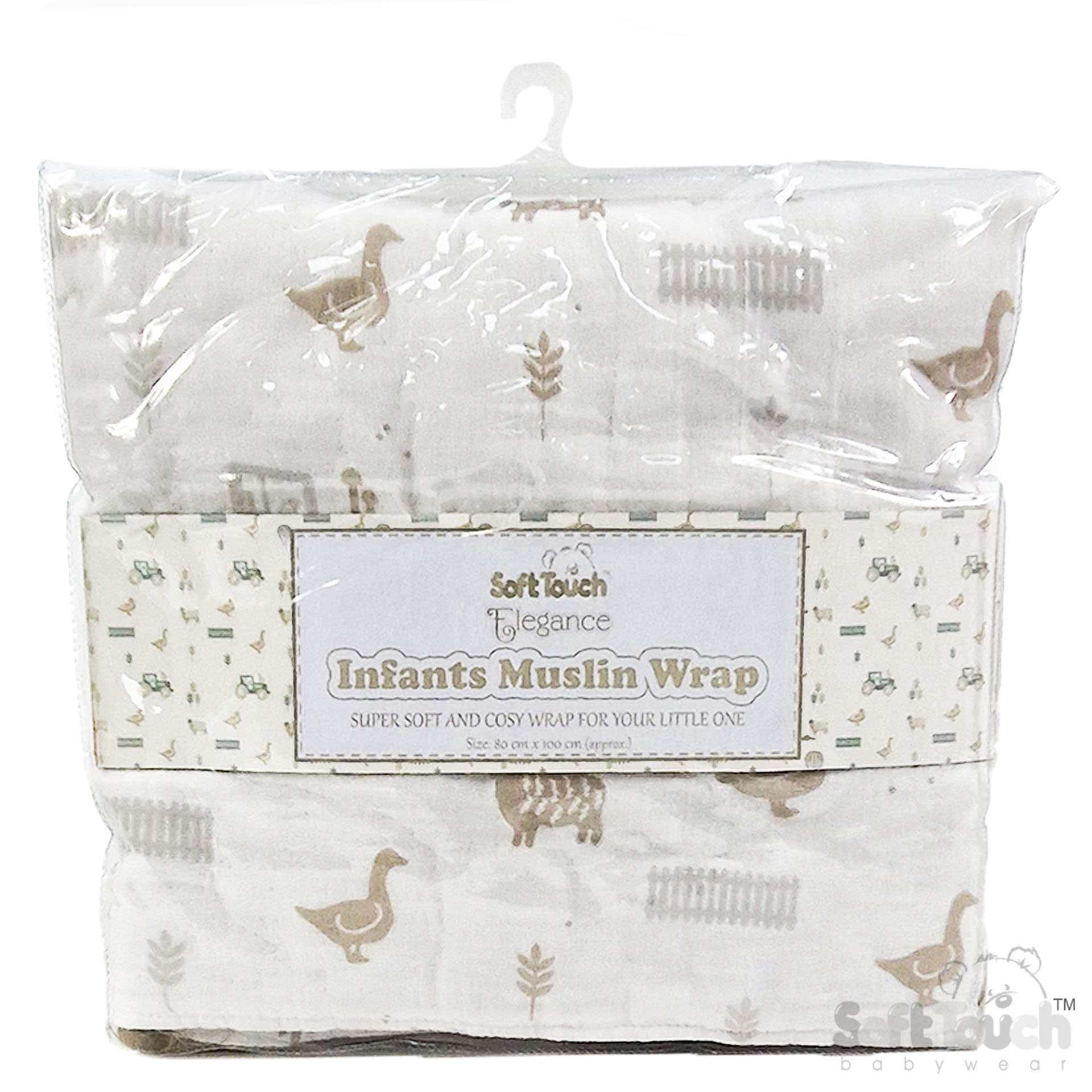 White/Coffee Farm Printed Muslin Wrap with Tassels No. MS500-COF