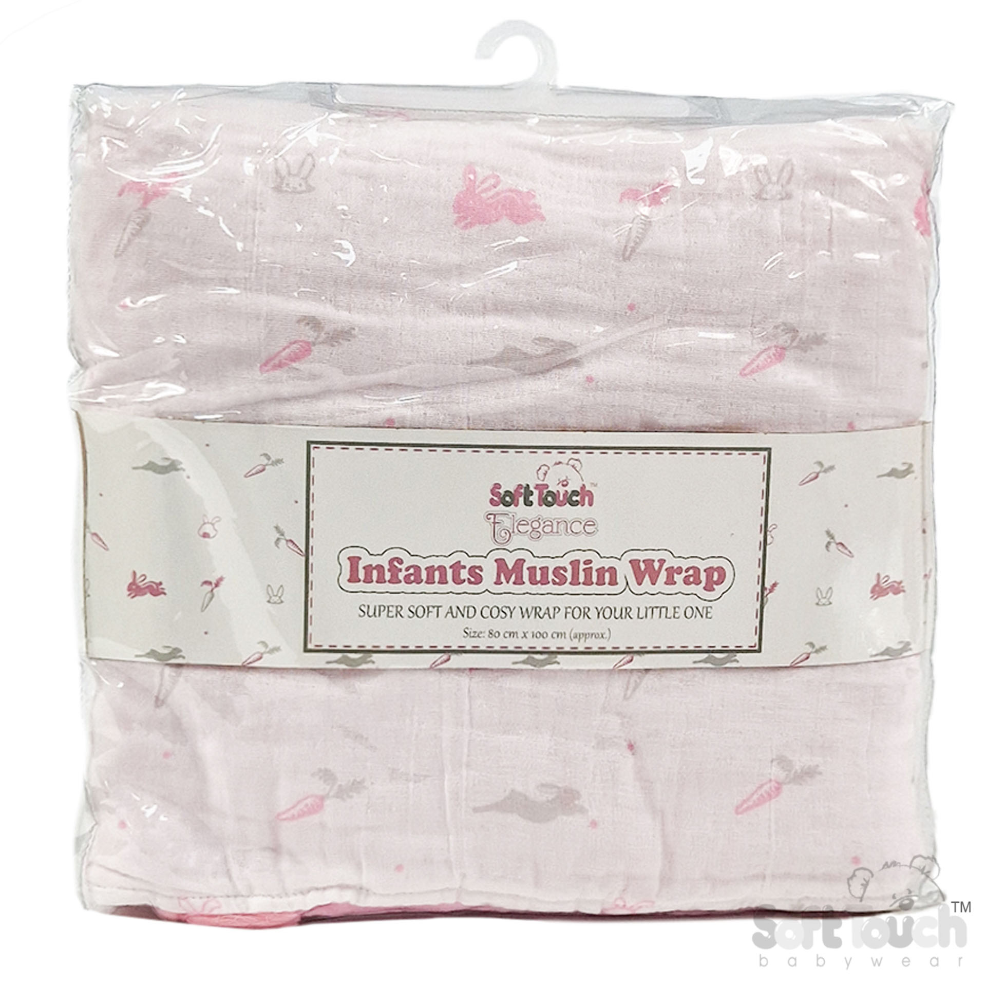 White/Pink Bunny Printed Muslin Wrap with Tassels No. MS500-P