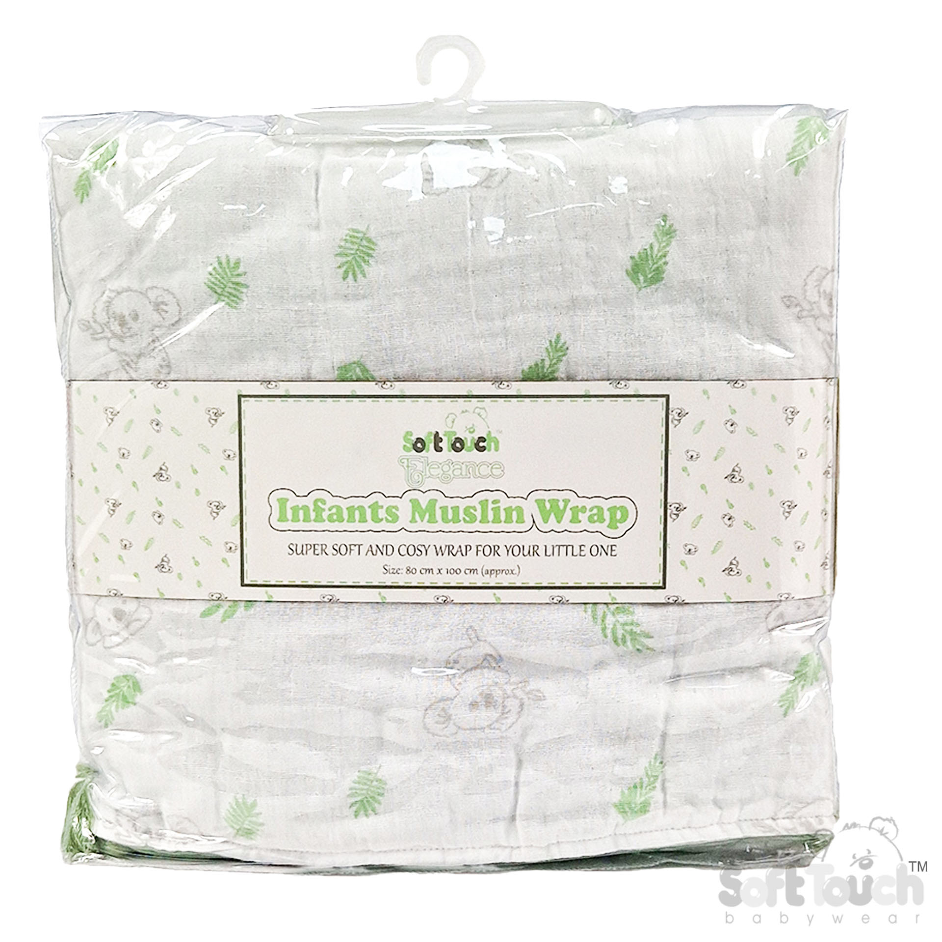 White/Sage Green Koala Printed Muslin Wrap with Tassels No. MS500-SG