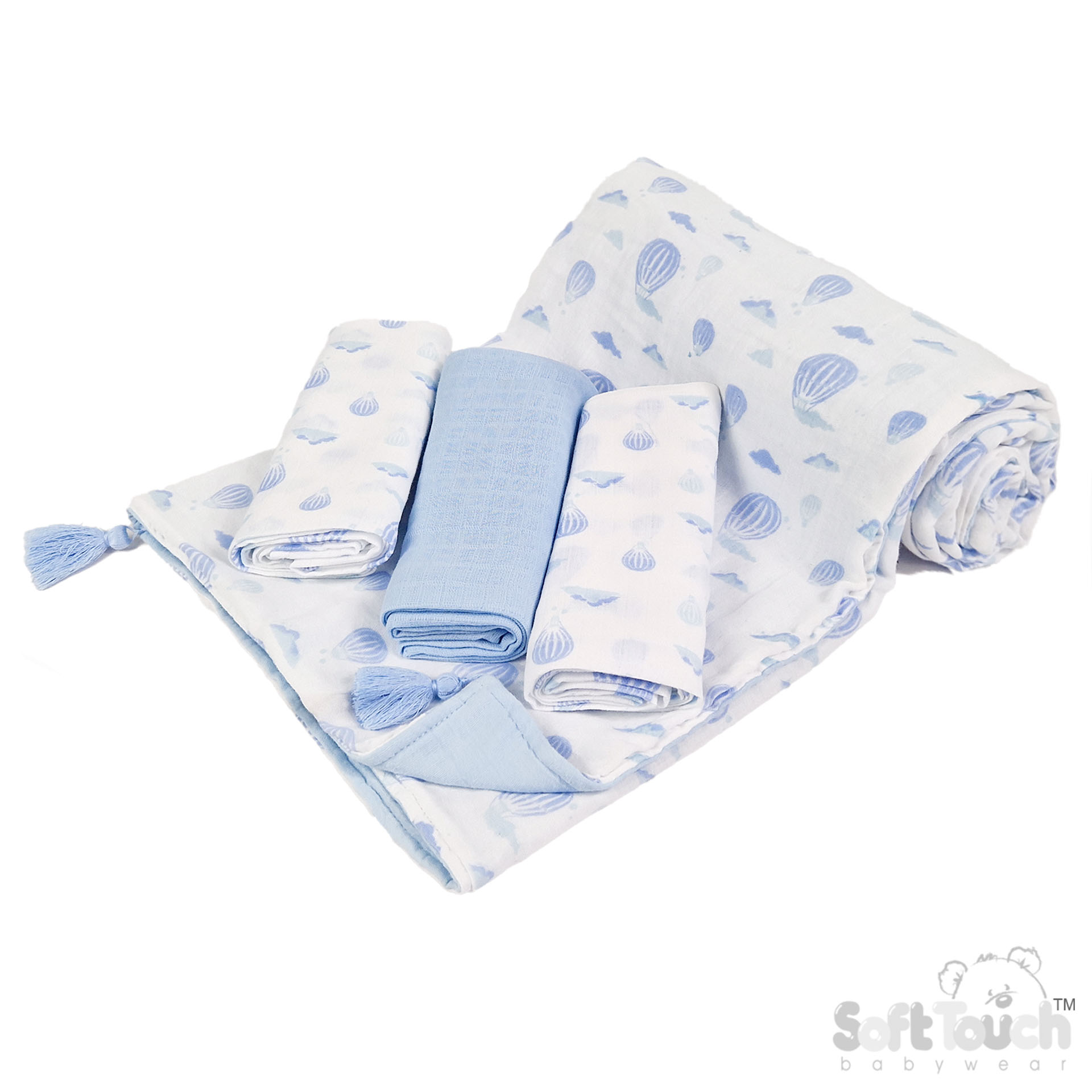 Blue Printed Muslin Wrap & 3 Pack Muslin Square Set No. MS501-B