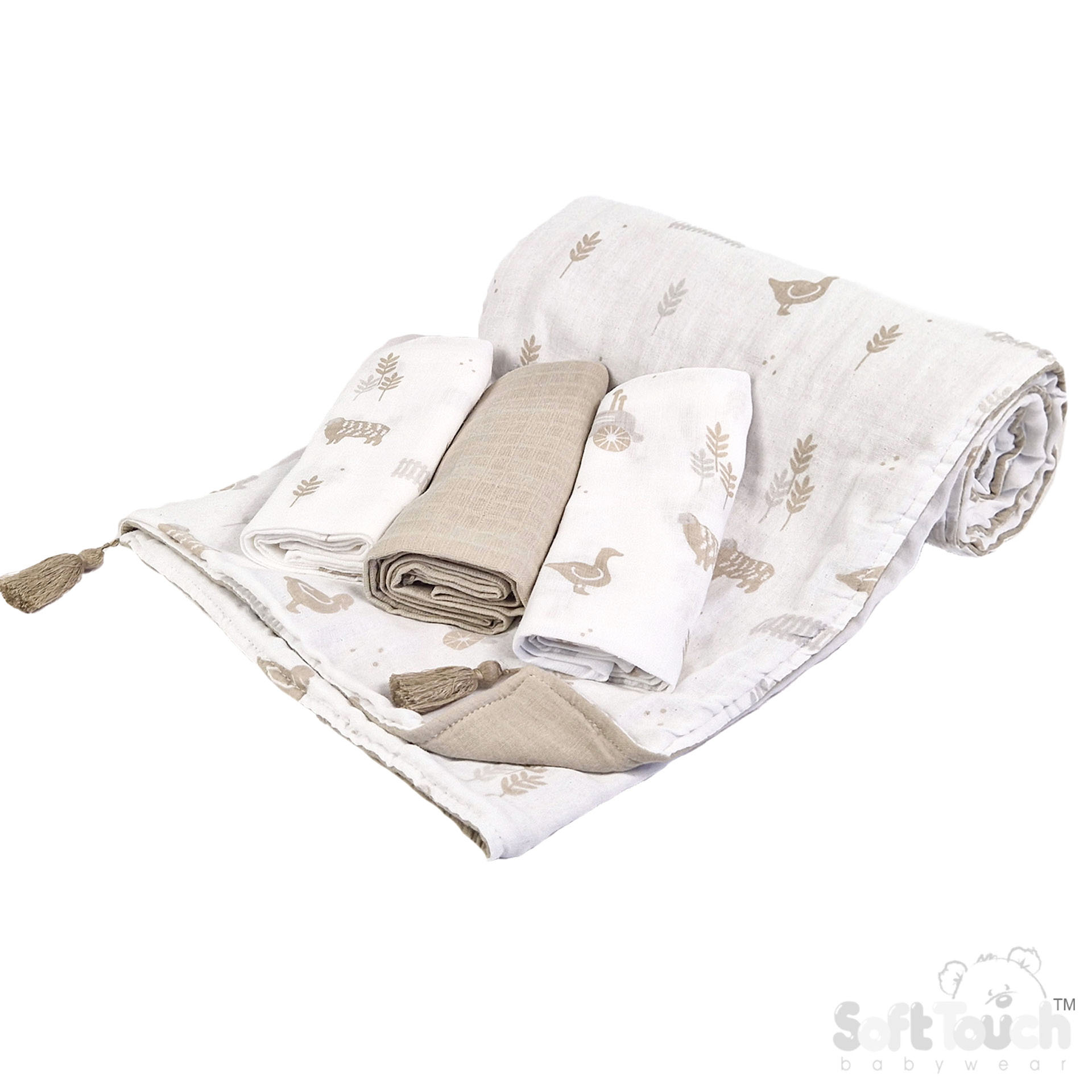 Coffee Printed Muslin Wrap & 3 Pack Muslin Square Set No. MS501-COF