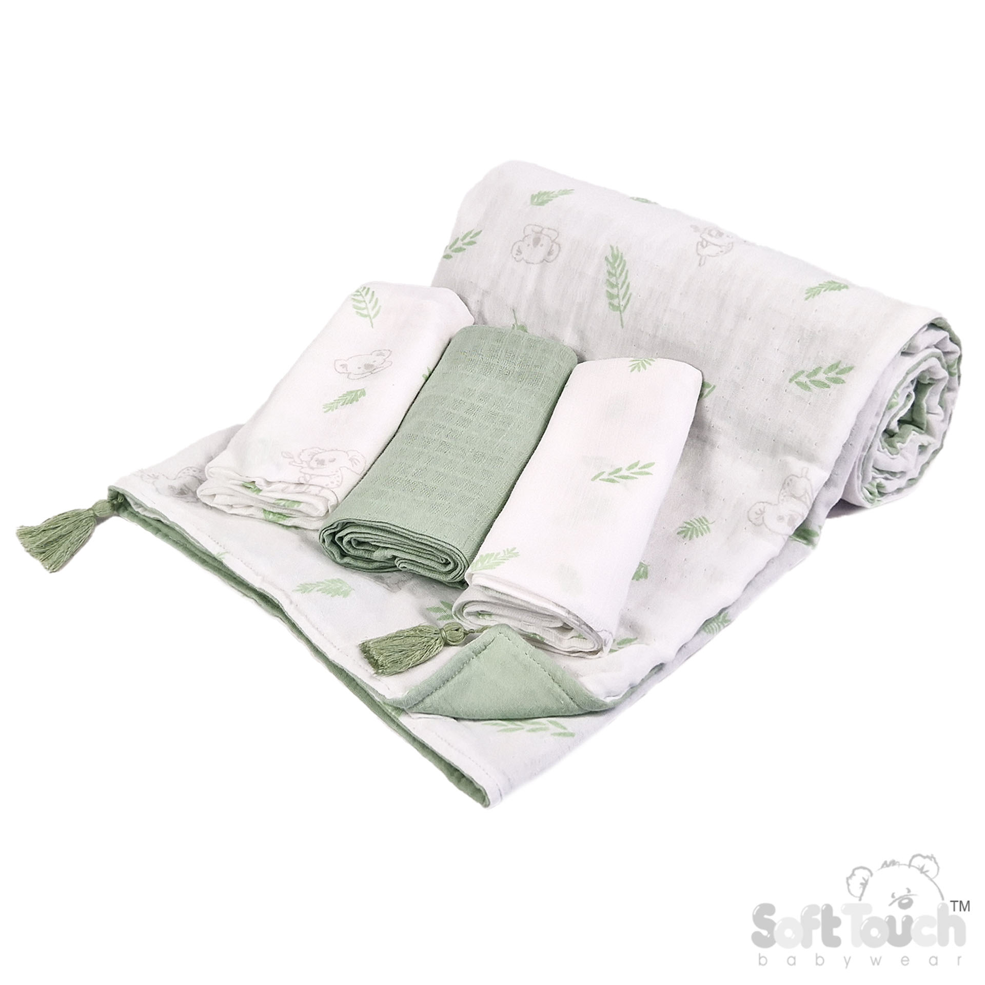 Sage Green Printed Muslin Wrap & 3 Pack Muslin Square Set No. MS501-SG