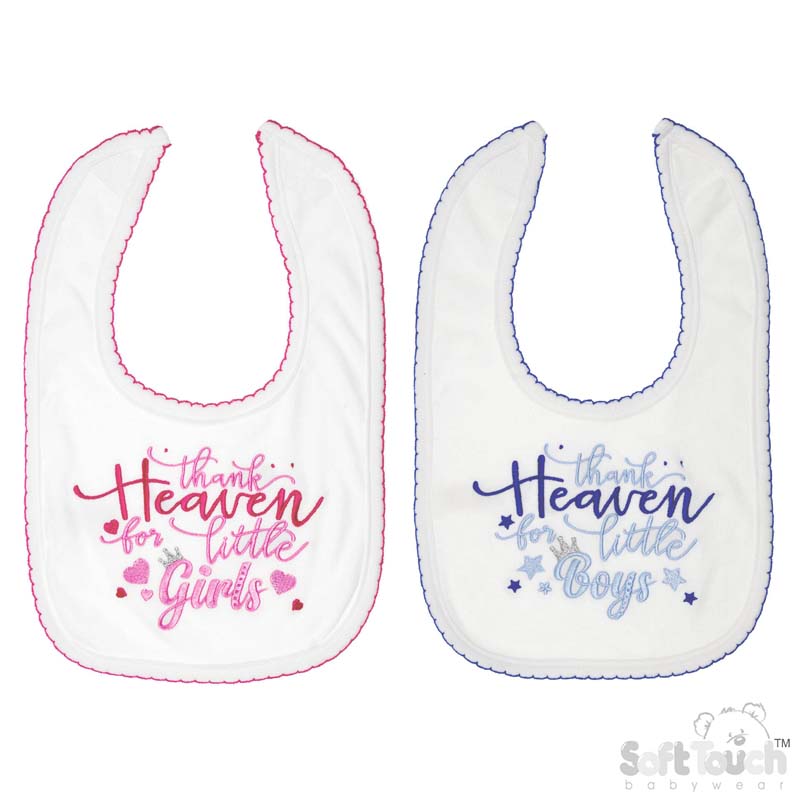 White W/Pink Or Blue Thank Heaven Bib. P3599-W-BP