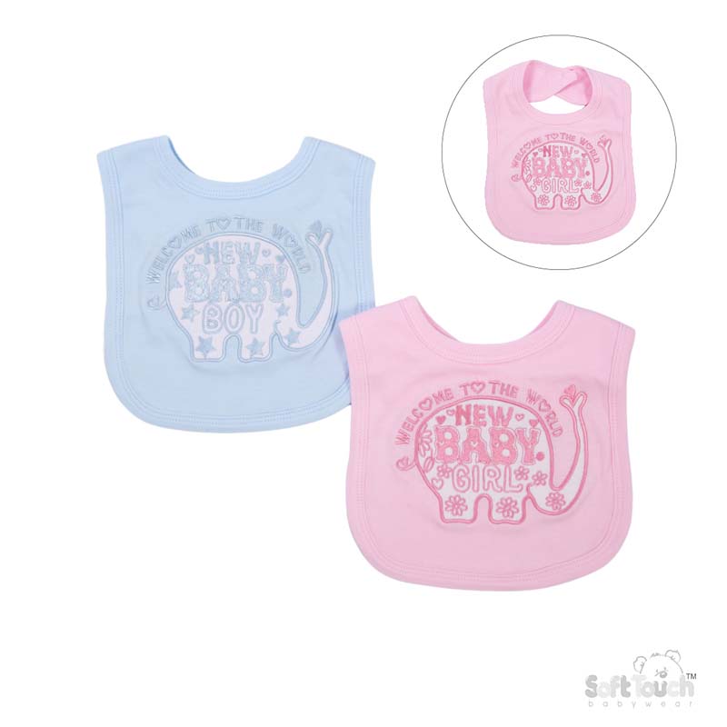 Pink/Blue Velcro Bib ; 'New Baby' : P3614-BP