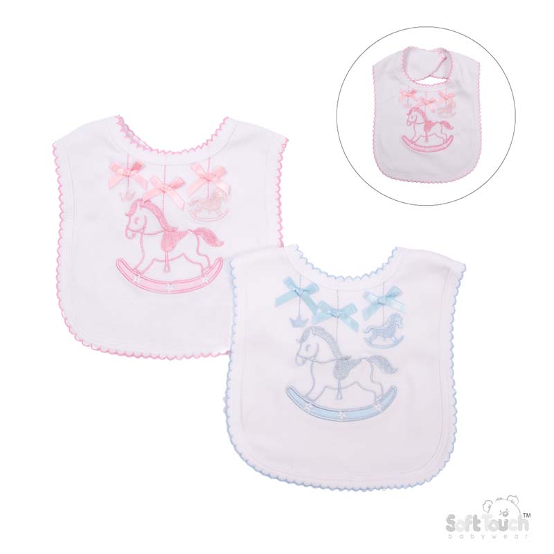 Pink/Blue Rocking Horse Velcro Bib : P3617-BP