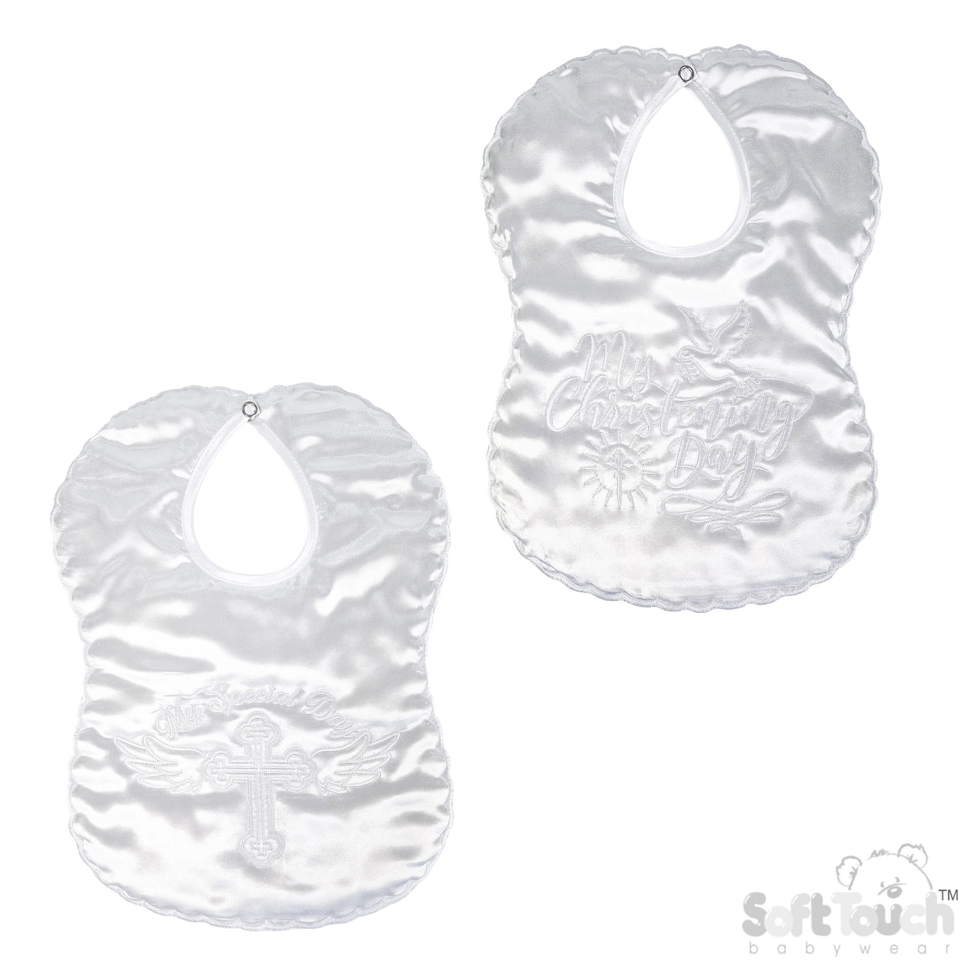 White Large Emb Satin Bibs No. P5176-W