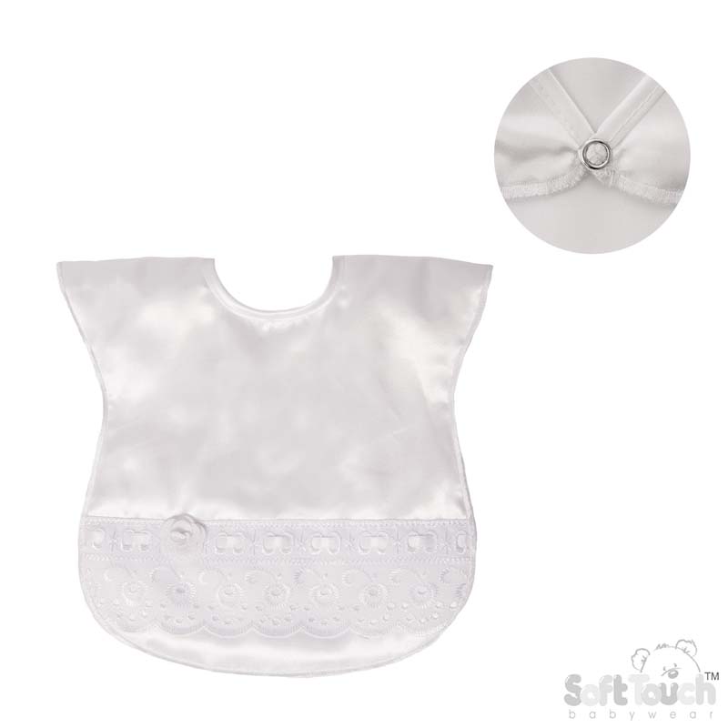 White Satin Bib W/White Lace & Rose No. P5181-W