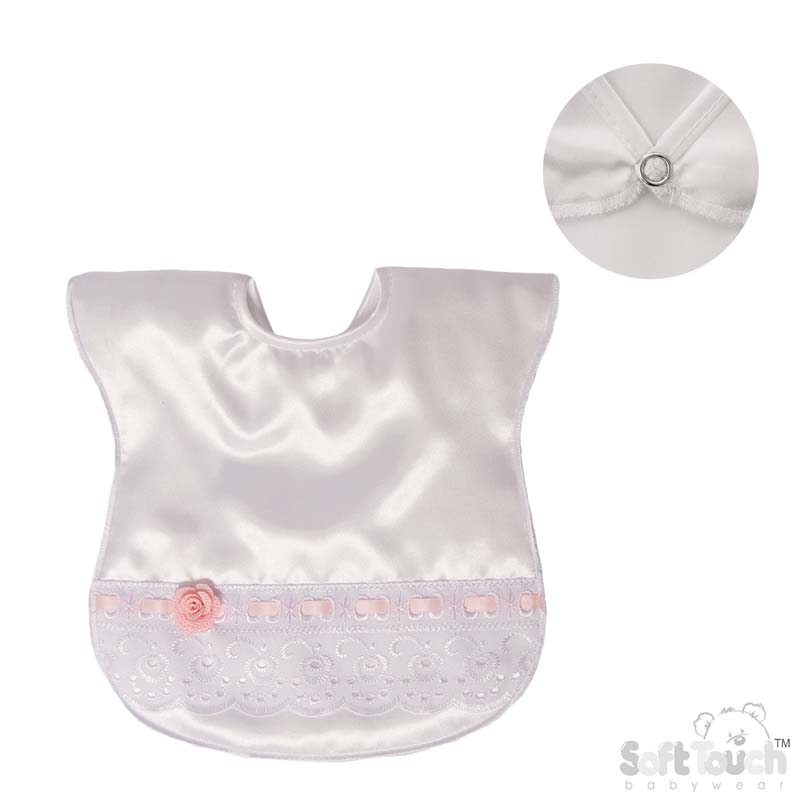 White Satin Bib W/Pink Lace & Rose No. P5183-P