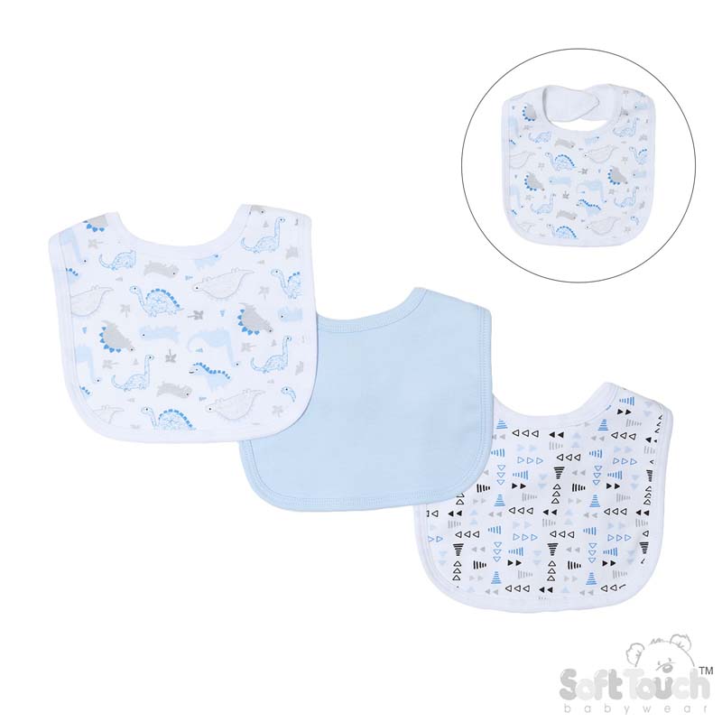 Boys 3 Pack Velcro Bibs : Dino No. P5197