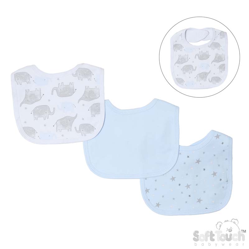 Boys 3 Pack Velcro Bibs: Elephant/Stars No. P5198