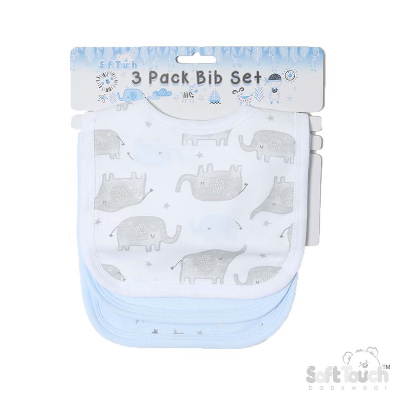 Boys 3 Pack Velcro Bibs: Elephant/Stars No. P5198