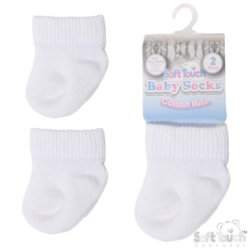 2 Pr Set White Ribbed Tiny Baby Socks No. PRS03-W