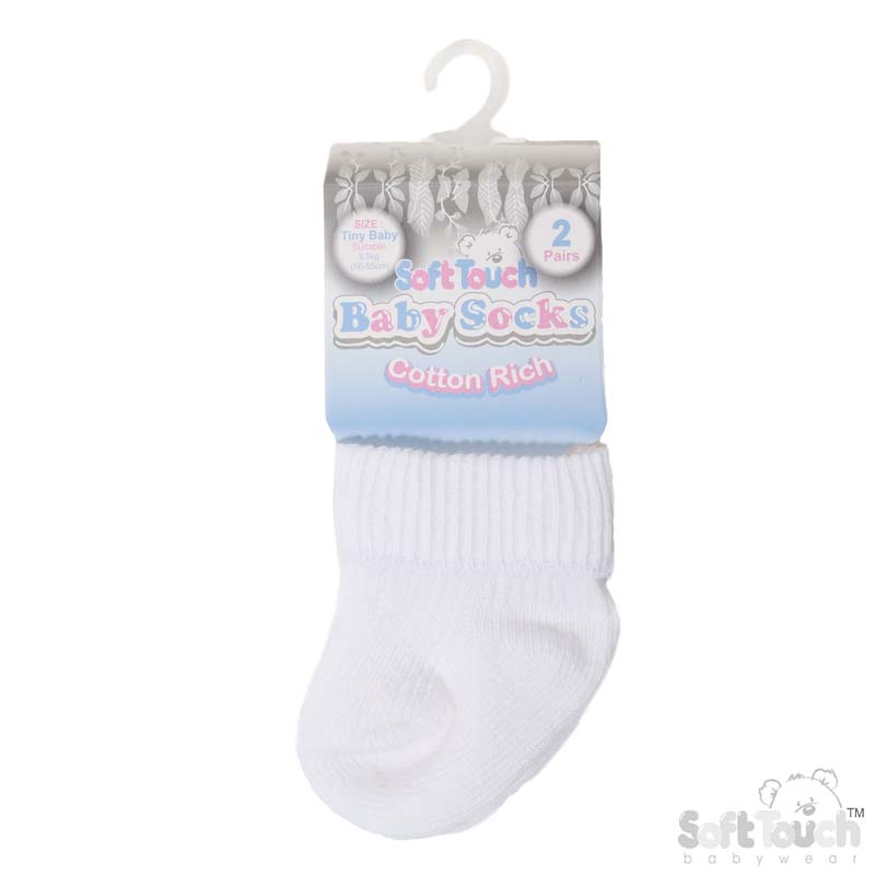 2 Pr Set White Ribbed Tiny Baby Socks No. PRS03-W
