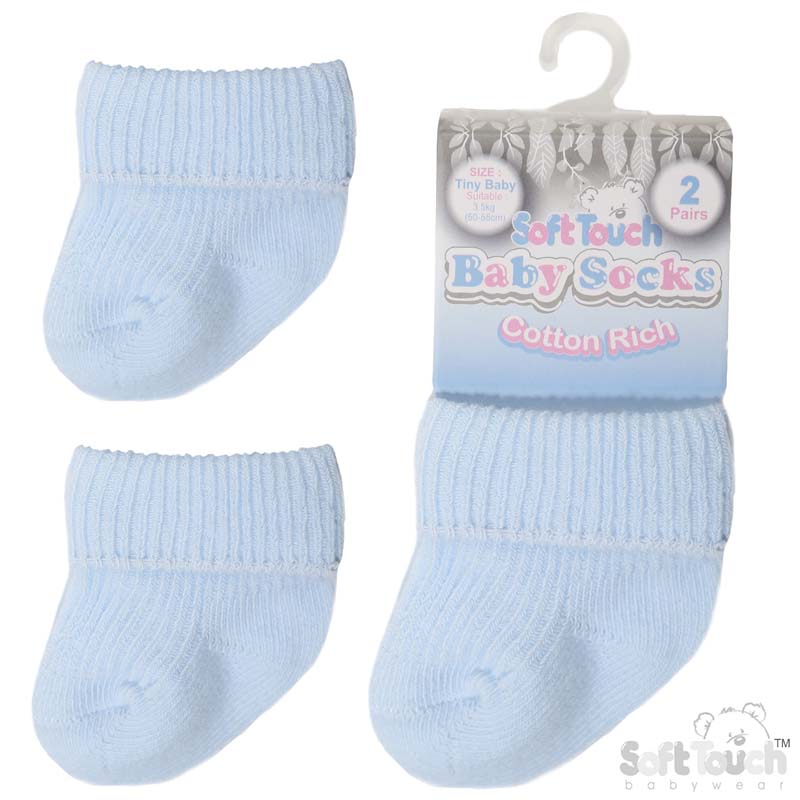 2 Pr Set Blue Ribbed Tiny Baby Socks No. PRS07-B
