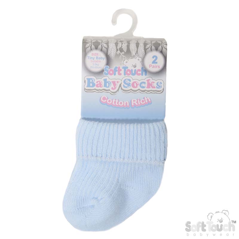 2 Pr Set Blue Ribbed Tiny Baby Socks No. PRS07-B