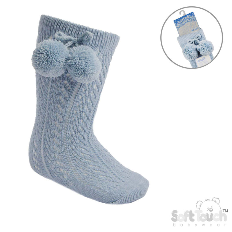 Dusty Blue Knee Pelerine Socks W/Pom Pom No. PS04-DB