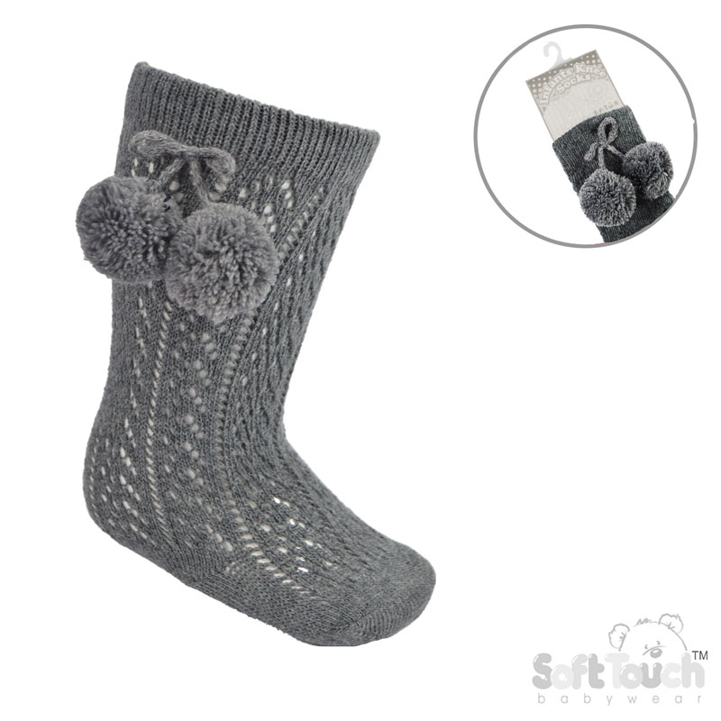 Grey Knee Pelerine Socks W/Pom Pom No. PS04-G