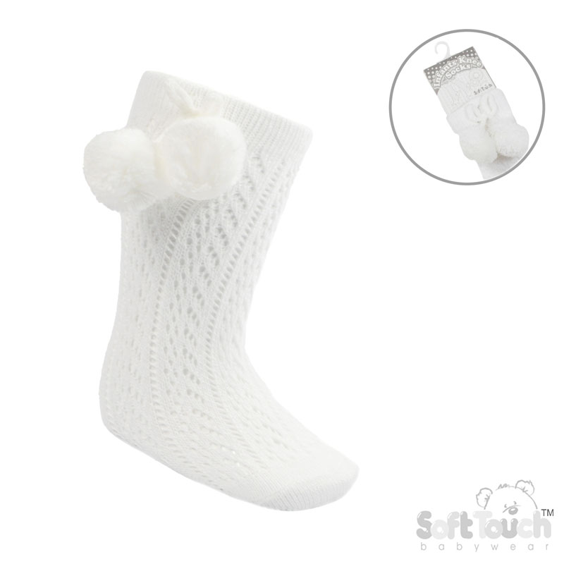White Knee Pelerine Socks W/Pom Pom No. PS04-W
