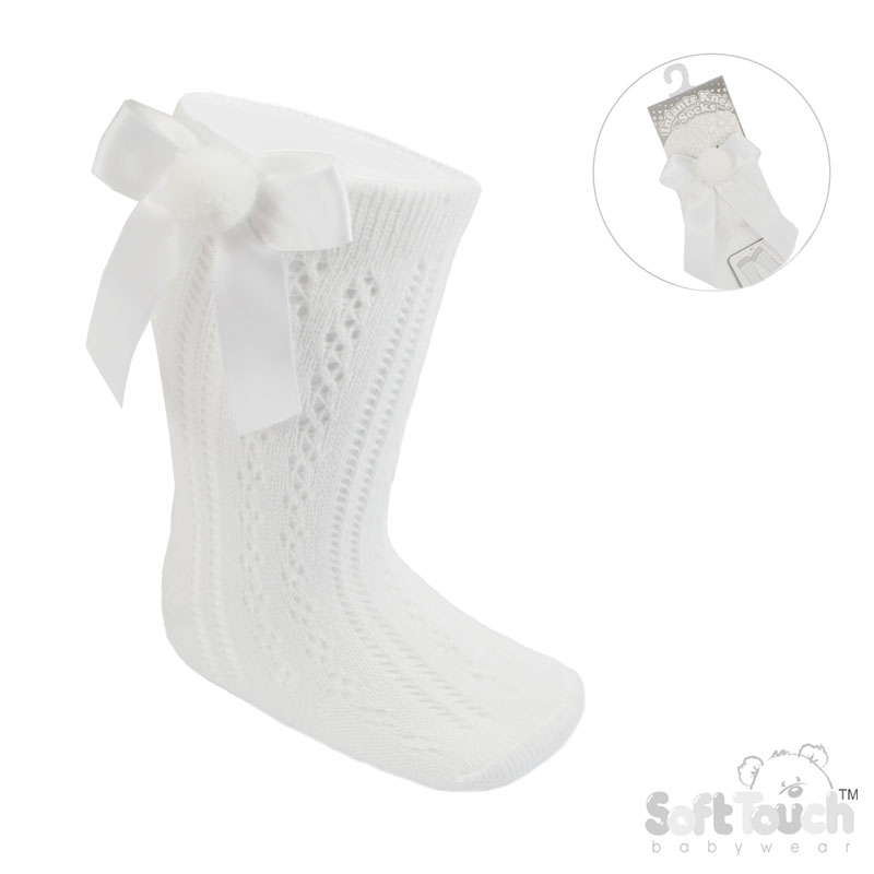 White Pelereine Socks W/Bow & Pom Pom No. PS08-W