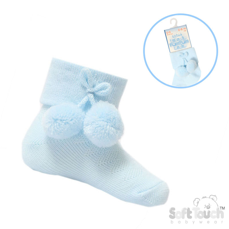 Blue Ankle Pom Pom Socks No. S10-B-0-6m