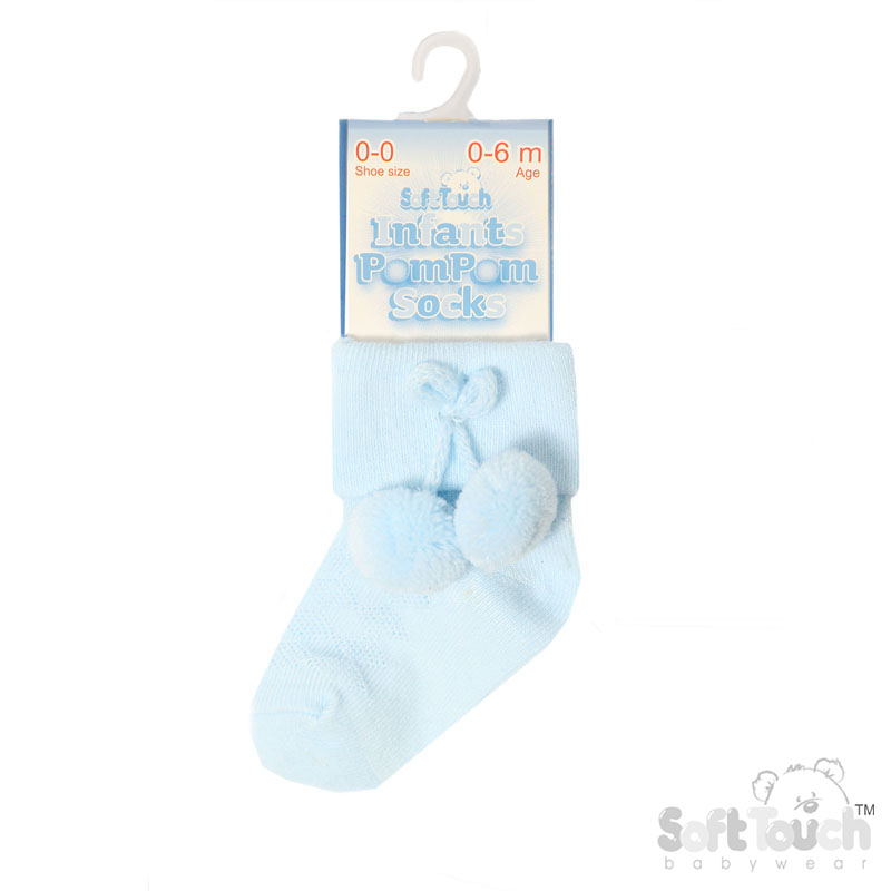 Blue Ankle Pom Pom Socks No. S10-B-0-6m
