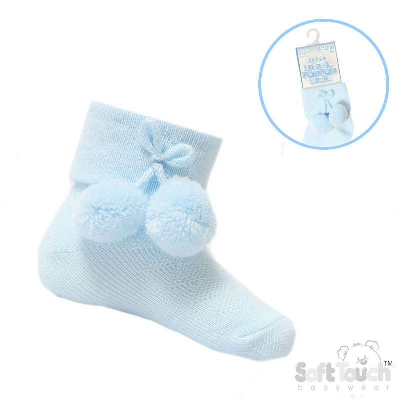 Blue Pom Pom Ankle Socks No. S10-B-6-12