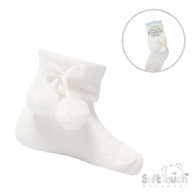 White Ankle Pom Pom Socks No. S10-W-6-12m