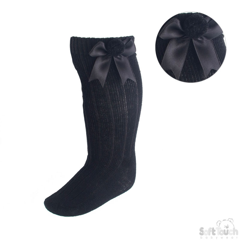 Black Infants Pom Pom Socks with Bow No. S107-BLK
