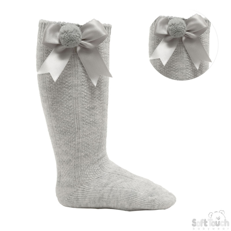 Grey Infants Pom Pom Socks with Bow No. S107-G