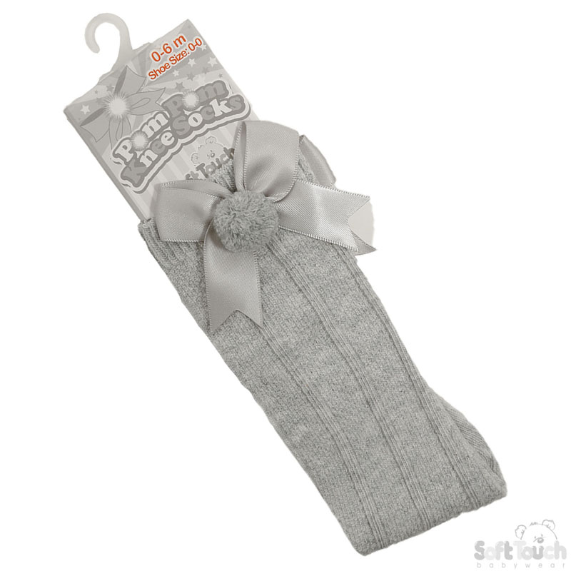 Grey Infants Pom Pom Socks with Bow No. S107-G