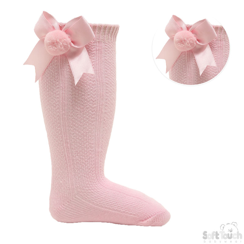Pink Infants Pom Pom Socks with Bow No. S107-P